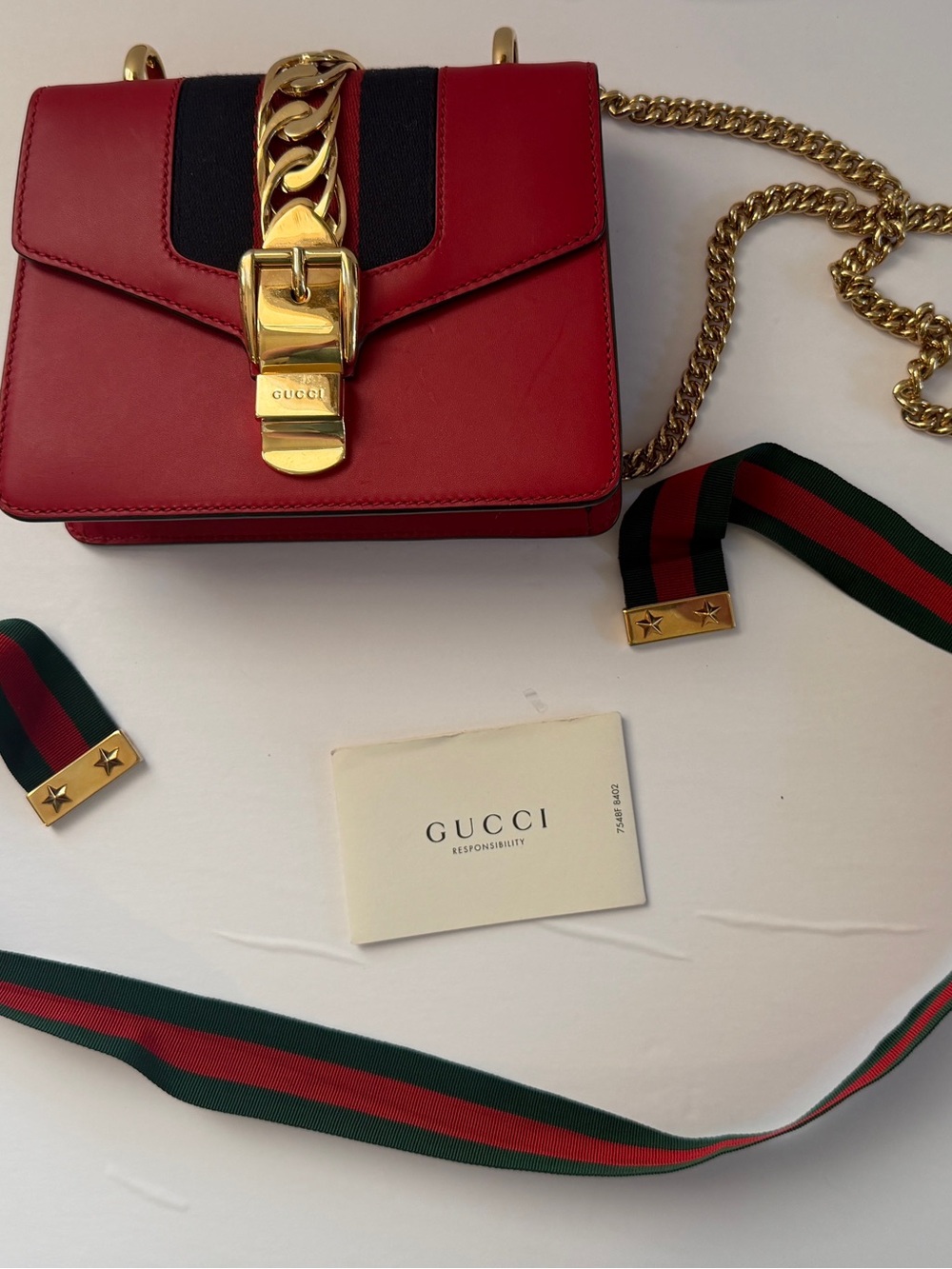 Gucci Sylvie Red Leather Shoulder Bag with Navy Stripe and Gold Hardware